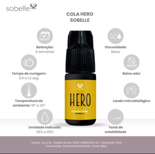 Cola para extensão de cílios fio a fio Hero 3ml/5ml Sobelle - Image 2